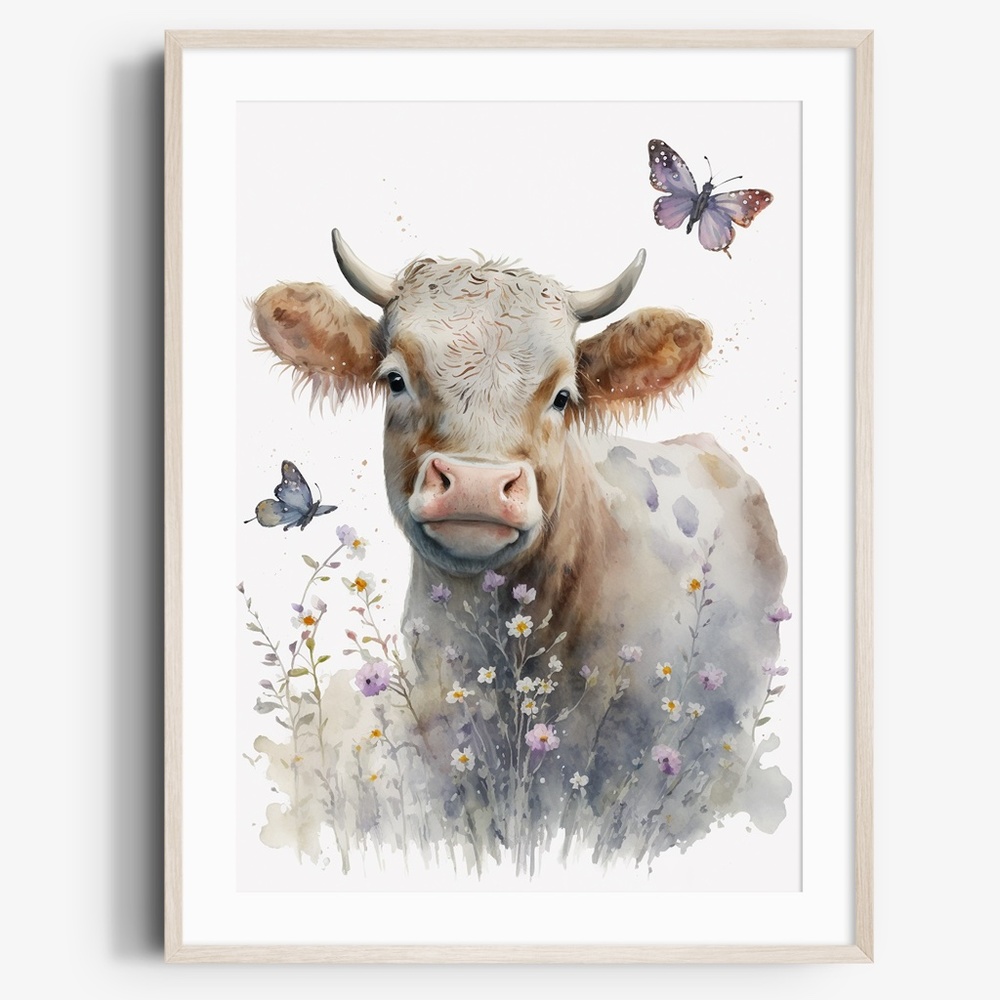 Watercolor Cute Floral Farm Cow Wall Art Illustration Print Poster Unframed